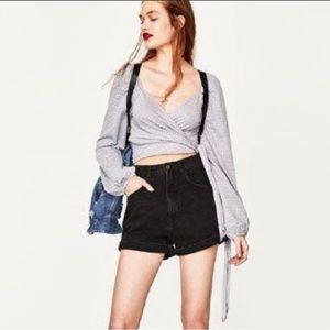 ZARA Trafaluc Blue-Gray Plaid Gingham Wrap Self-Tie Crop Top Size Small Festival